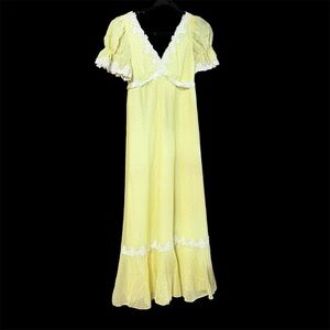 Vintage 60’s/70’s Yellow Swiss Dot Maxi Dress Puff Sleeve Floral Lace